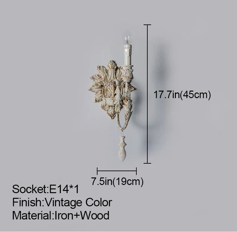 Decorative wall sconce with dimensions and specifications on a gray background