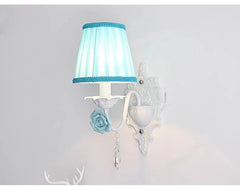 White Metal Rose Sconce with Pink Pleated Shades and Crystal Drop