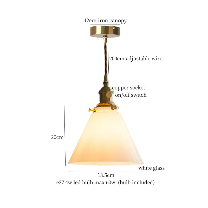 Pendant light with labeled parts and dimensions on a white background