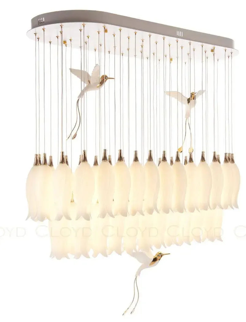 Chandelier with bird-shaped lights on a white background