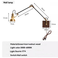 Adjustable Brass Wall Sconce with Walnut Base and Black Arm