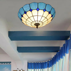 Blue Stained Glass Scalloped Semi-Flush Ceiling Light