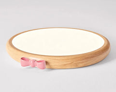 Round Wood Color Flush Mount Light with Pink Bow