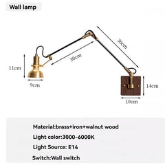 Adjustable Brass Wall Sconce with Walnut Base and Black Arm