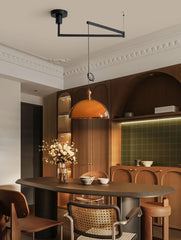 Amber Glass Dome Pendant Light with Wood Accent and Black Track Mount