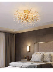 Gold Branch Crystal Waterfall Semi-Flush Mount Chandelier