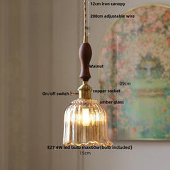 Pendant light with labeled parts on a neutral background