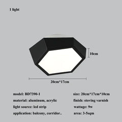 Black geometric ceiling light with dimensions and specifications on a gray background