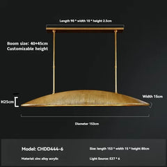 Measurement chart of a pendant light with dimensions and specifications on a black background