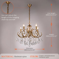 Gold Crystal Chandelier with Swirling Arms and Candle-Style Lights