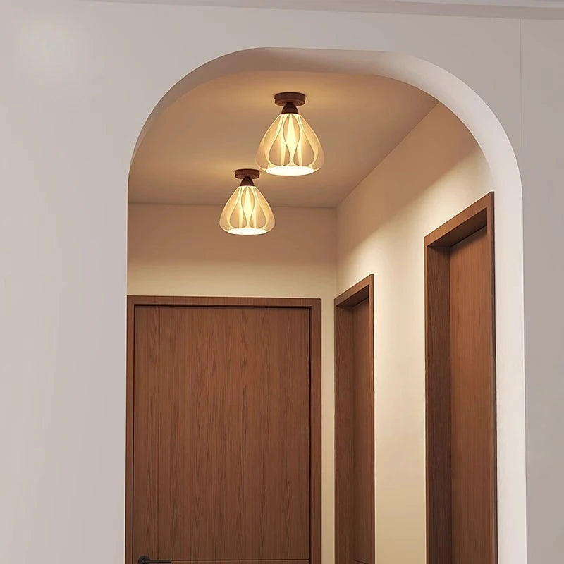 Two ceiling lights hanging in a hallway with wooden doors.
