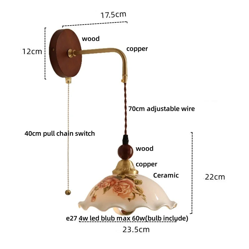 Measurement chart of a decorative wall light fixture with labeled parts and dimensions.
