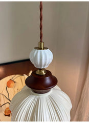 Ceramic Walnut Pleated Pendant Light with Brass Accents