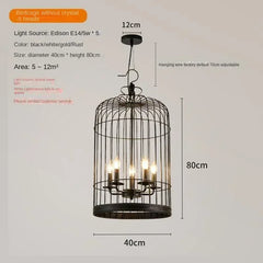 Birdcage-style pendant light with dimensions on a gray background