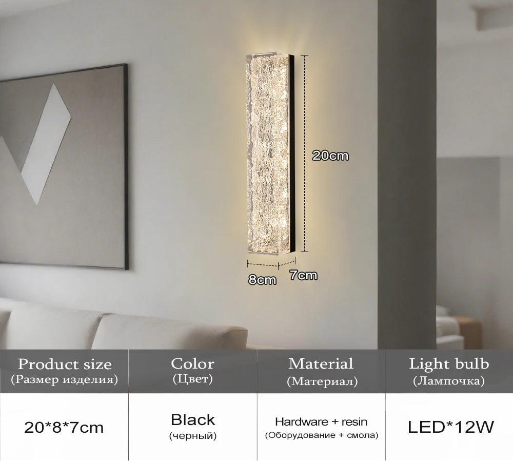 Wall-mounted crystal light fixture with dimensions and product details on a neutral background