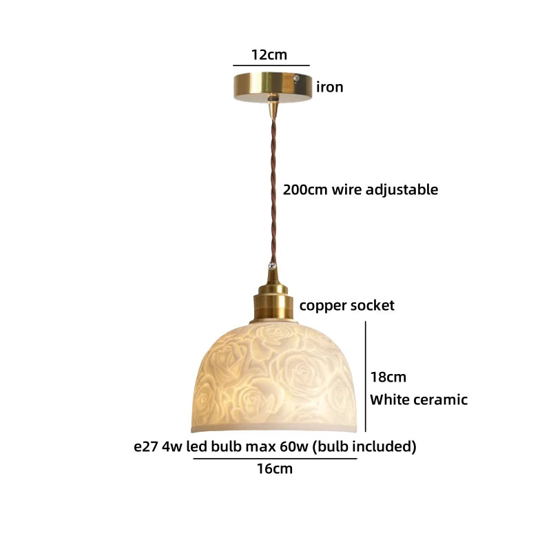 Pendant light with labeled dimensions on a white background