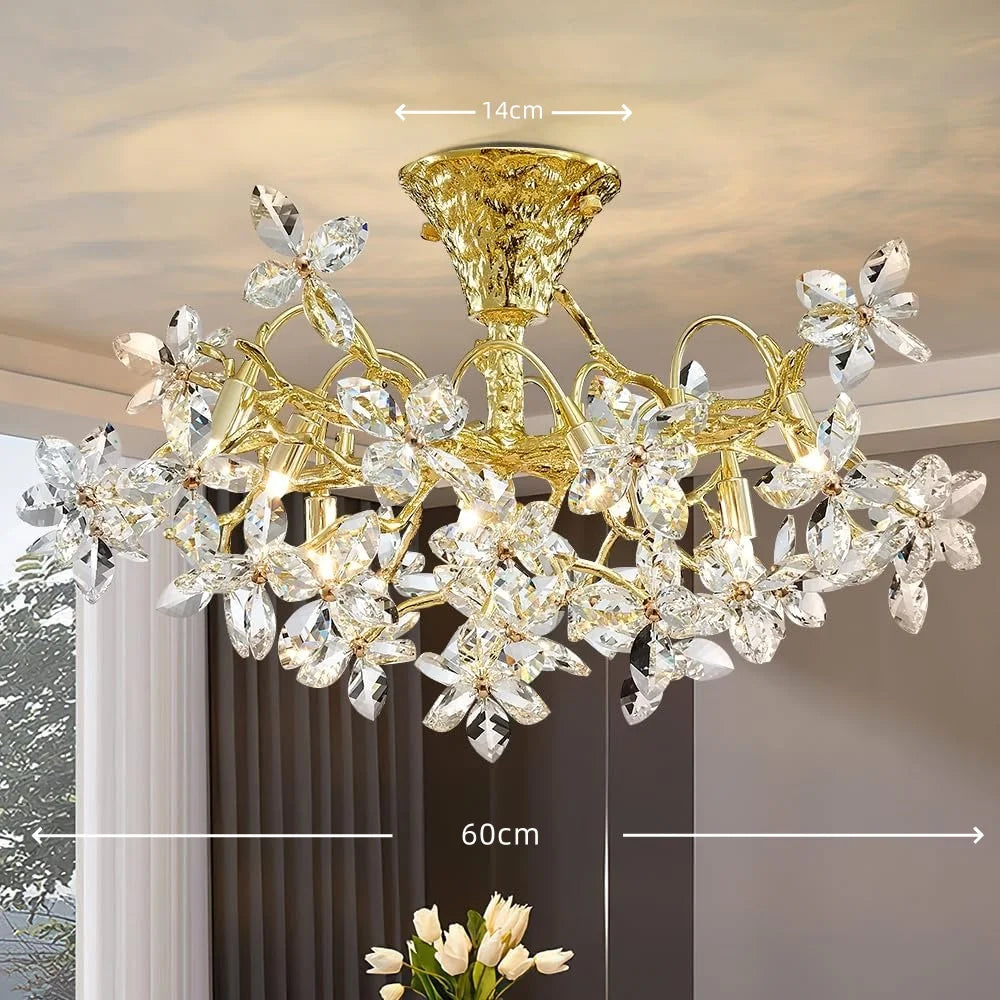 Gold chandelier with crystal accents in a room setting, showing dimensions.