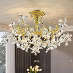 Gold chandelier with crystal accents in a room setting, showing dimensions.