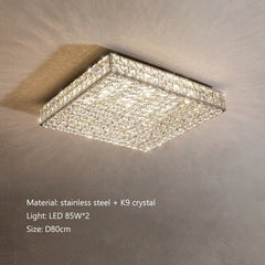 Square ceiling light fixture with crystal details on a neutral background