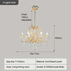 Gold chandelier with dimensions and specifications on a gray background