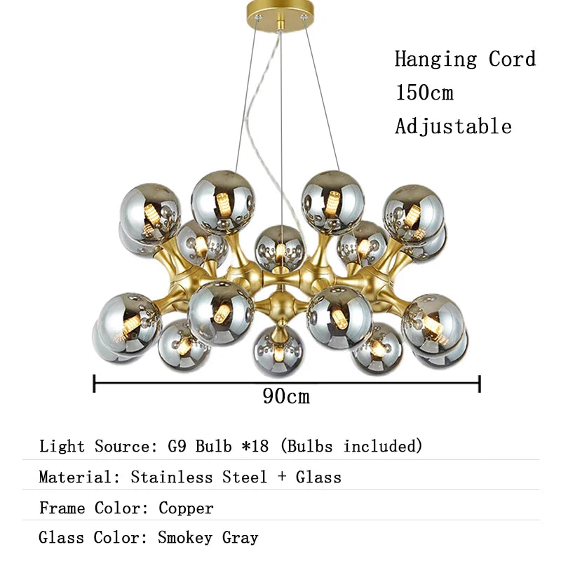 Chandelier with adjustable hanging cord, dimensions, light source details, material information, and color options on a white background.