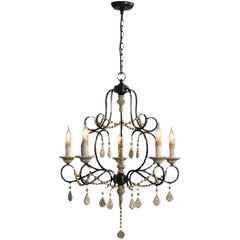 Black Metal Chandelier with Wood Beads and Crystal Droplets