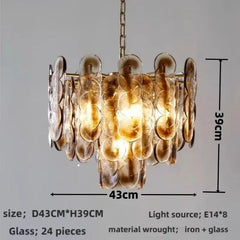 Amber Glass Disc Chandelier with Gold Metal Frame Pendant Light