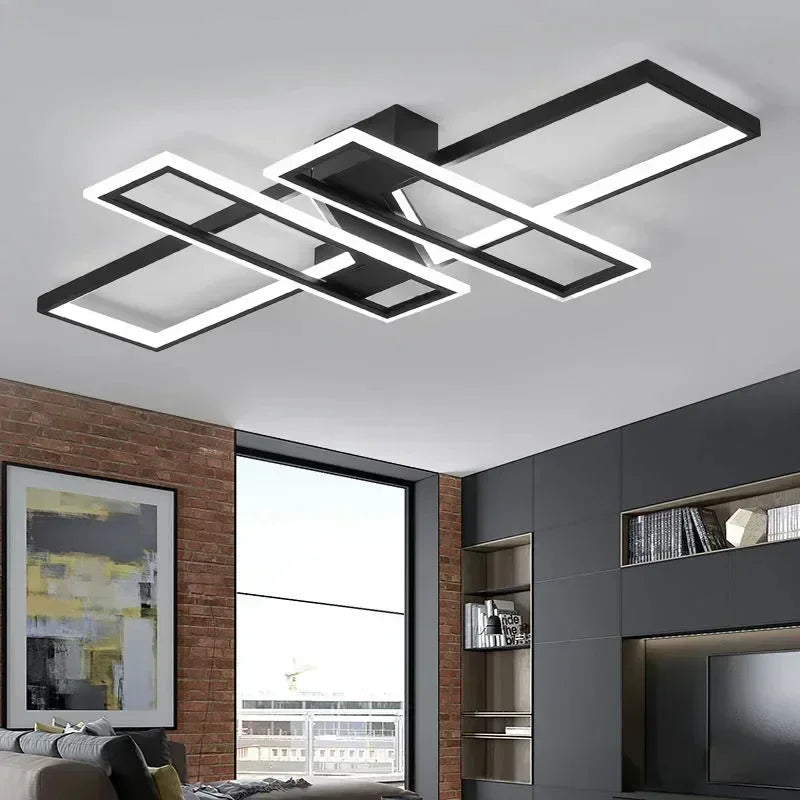 Close-up of the black geometric semi-flush ceiling light fixture.