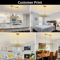 Collage of a gold chandelier in various rooms including a kitchen, bedroom, living room, and dining area.