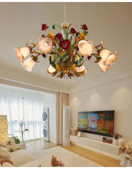 Gold Metal Rose Bud Chandelier with Frosted Glass Bell Shades