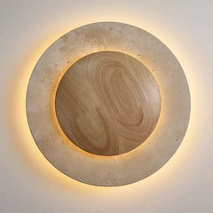 Natural Stone & Wood Round Wall Sconce with Ambient Warm LED Lighting
