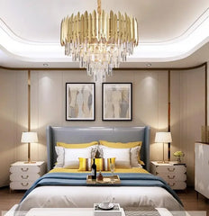 Gold Crystal Tiered Cascading Chandelier with Dazzling Faceted Prisms