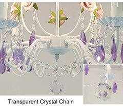 White Metal Chandelier with Rose Buds and Purple Crystal Drops