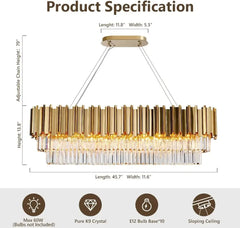 Gold Rectangular Tiered K9 Crystal Chandelier Pendant Light Fixture