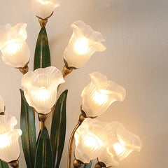 Gold Floral Sconce Frosted Glass Bell Shades Green Leaf Accents