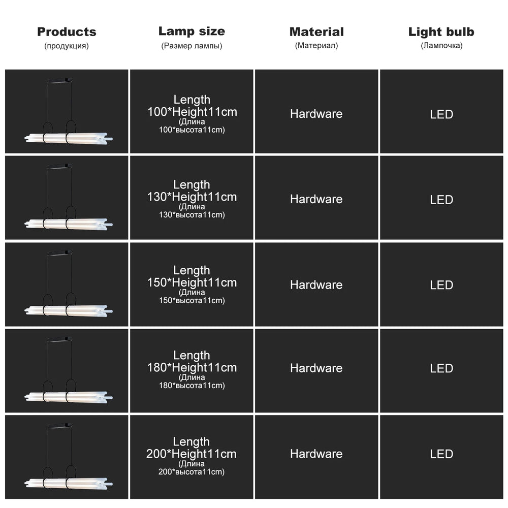 Table comparing product details including lamp size, material, and light bulb type on a black background.
