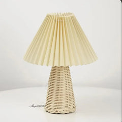 Rattan Base Pleated Fabric Shade Table Lamp - Bedside Accent Light