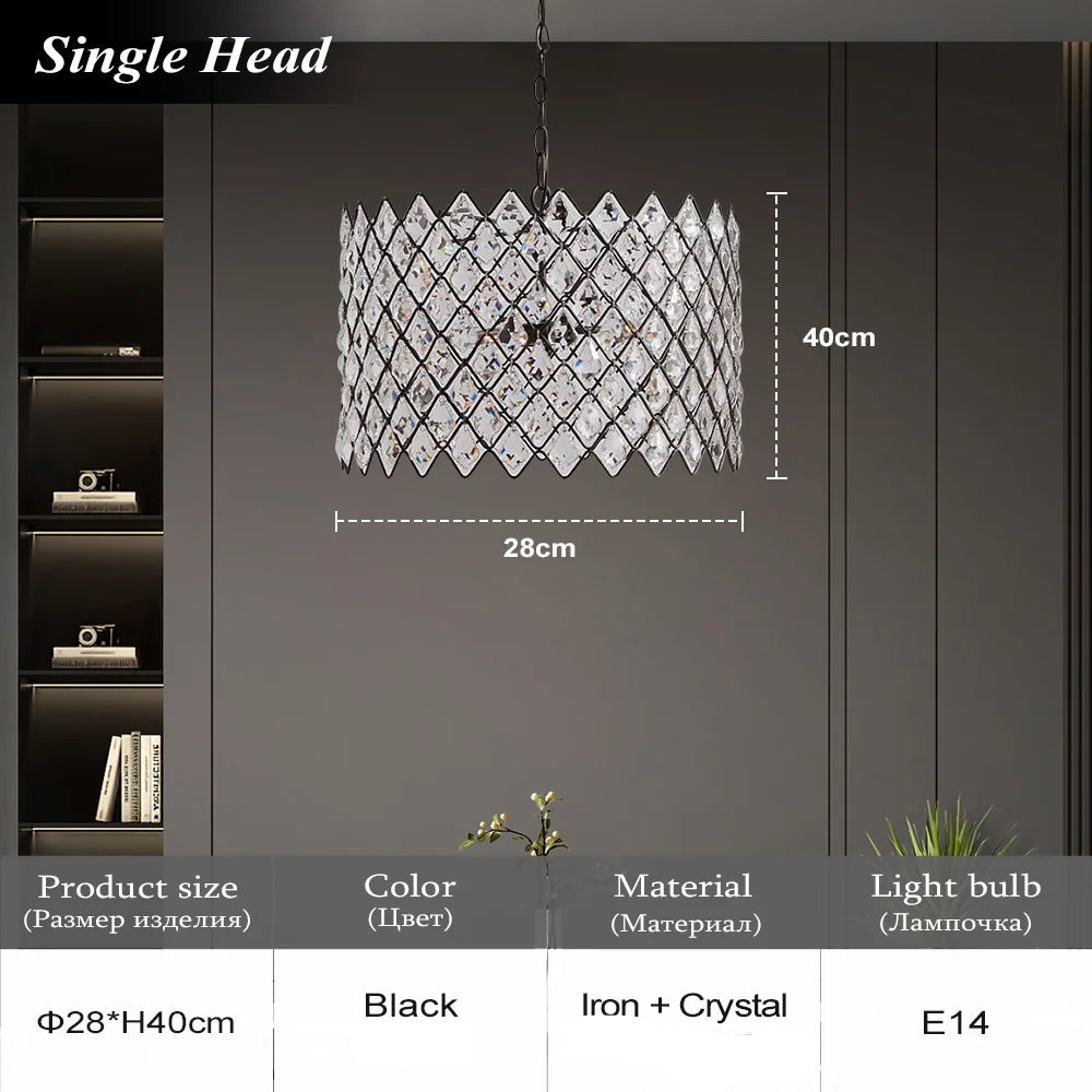 Crystal pendant light with dimensions on a dark background