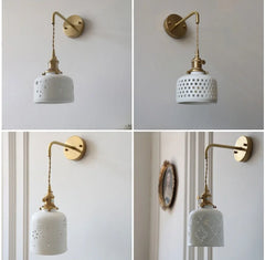 Wall-mounted light fixture with white ceramic shade and gold arm in four different angles.
