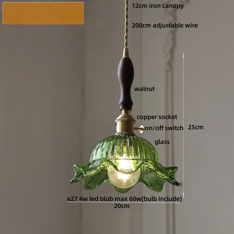 Green pendant light with detailed specifications on a neutral background