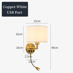 Wall lamp with USB port and measurements on a white background