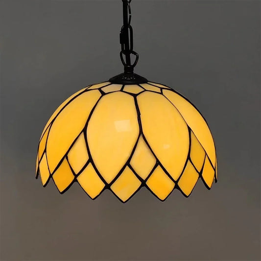 Yellow dome-shaped Tiffany style stained glass pendant light with black leading