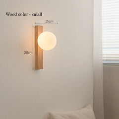 Modern Wood Sphere Wall Sconce with Frosted Glass Ball Light Fixture