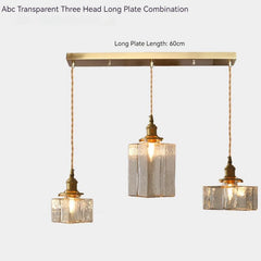 Brass Square Pendant Light with Textured Amber Glass Shade