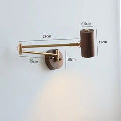 Adjustable Brass Swing Arm Sconce with Natural Wood Cylinder Shade