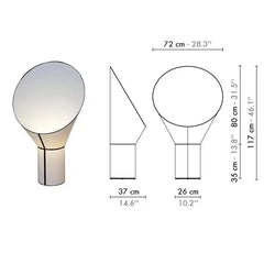 Measurement chart of a spherical light fixture with dimensions in centimeters and inches.