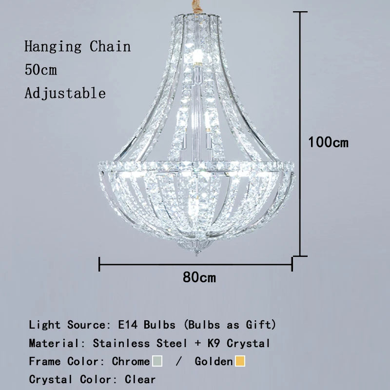 Chandelier with dimensions and material details on a gray background