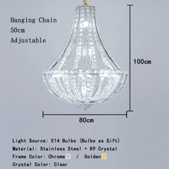 Chandelier with dimensions and material details on a gray background