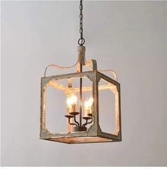 Distressed Gray and Gold Metal Lantern Chandelier with Candle Lights