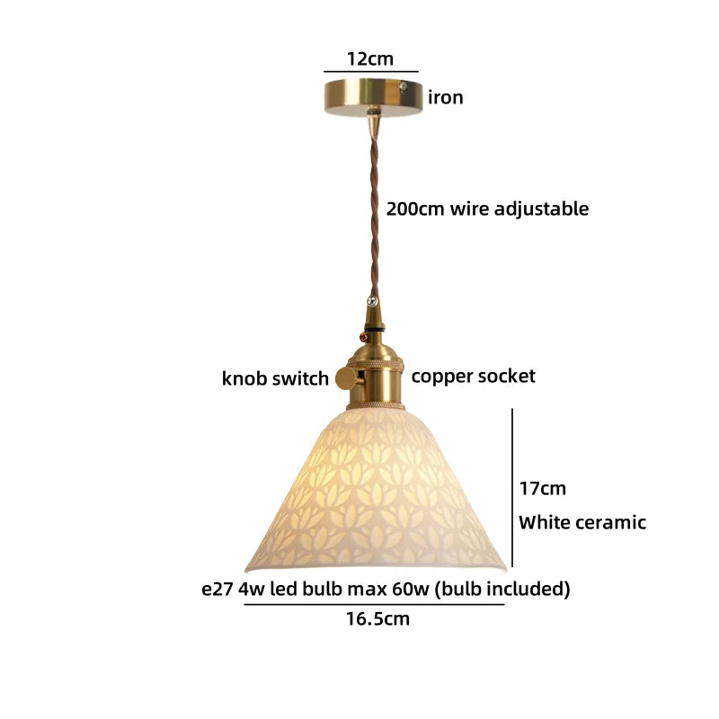 Pendant light with labeled parts and dimensions on a white background